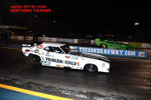 (near lane) Billy Morris - 'Problem Child' - AA/FC (far lane) Bobby Cottrell - 'Bardahl Special' - AA/FC